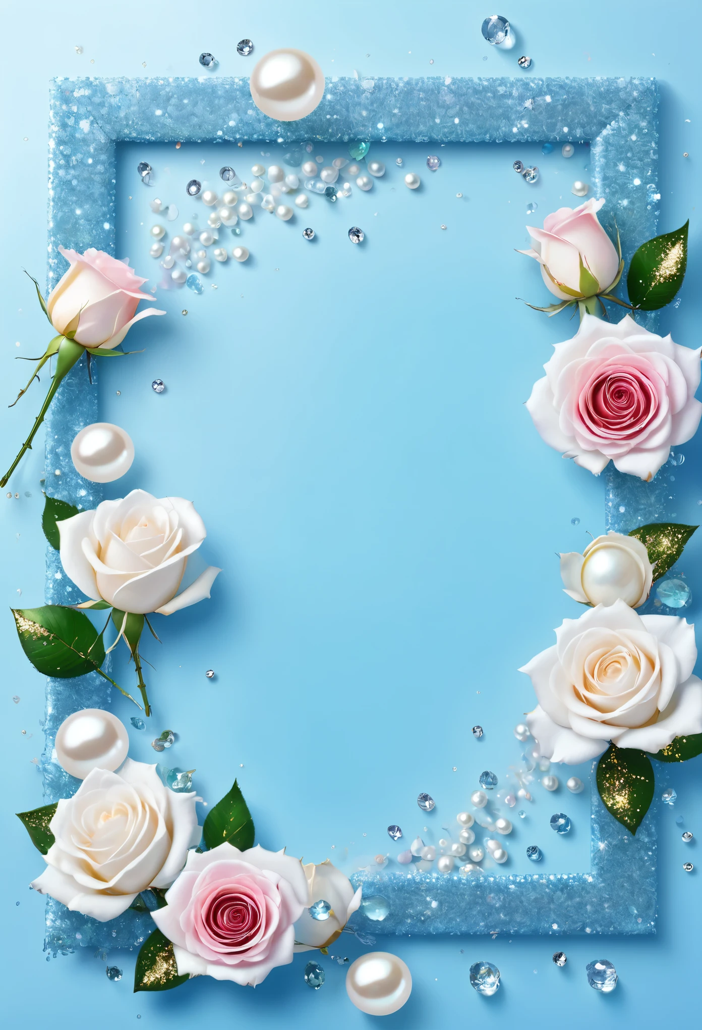 High resolution, glitter, White rose, light blue background, rose petals flying, pearl, diamond, Floral frame, frame background,