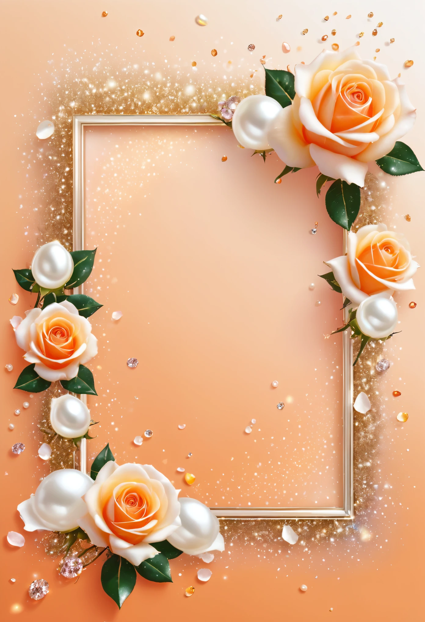 High resolution, glitter, White rose, light orange background, rose petals flying, pearl, diamond, Floral frame, frame background,
