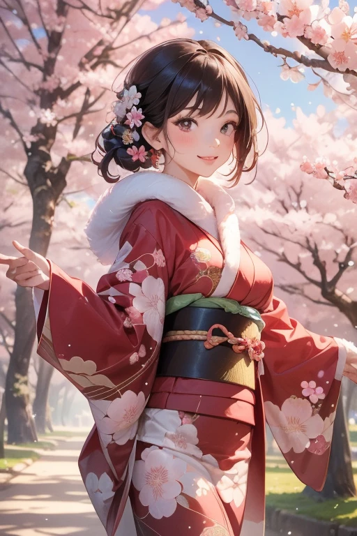 masterpiece, Best Quality, Very detailed, 1girl, face: sweet girl, medium breasts, color long-sleeved kimono, color furisode kimono, fur long stole. spread arms. smile. Cherry blossom background. Looking up at the cherry blossoms.
