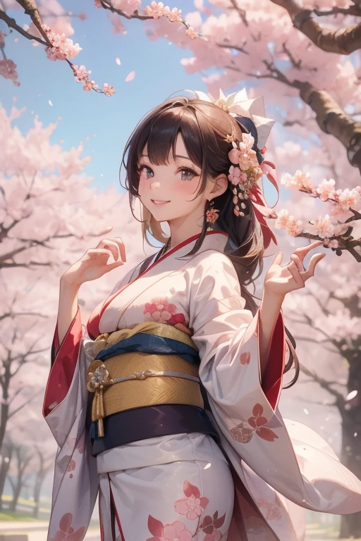 masterpiece, Best Quality, Very detailed, 1girl, face: sweet girl, medium breasts, color long-sleeved kimono, color furisode kimono, fur long stole. spread arms. smile. Cherry blossom background. Looking up at the cherry blossoms.
