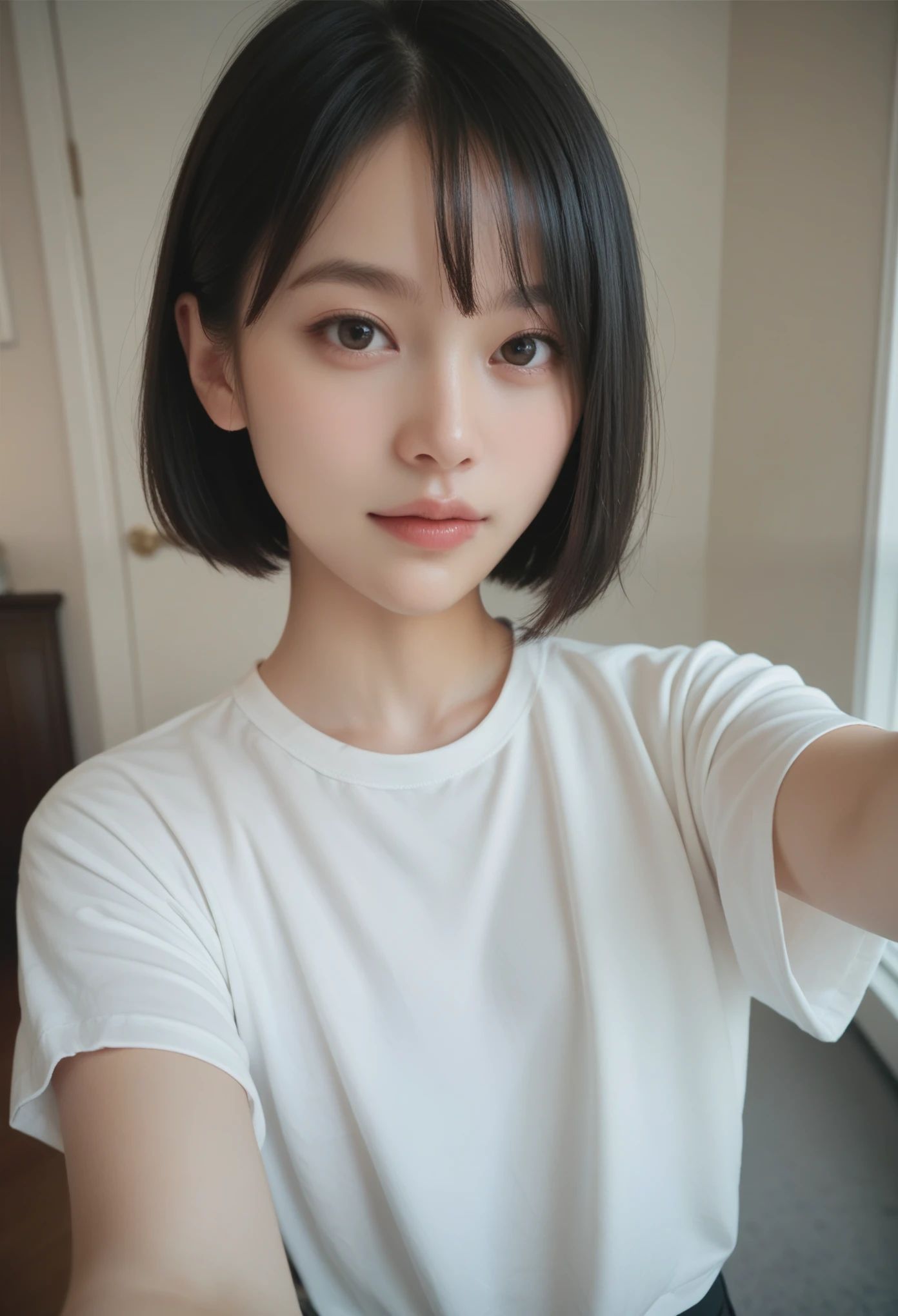 (masterpiece:1.3)、Very fine finish、(High resolution、8K:1.3)、(Highest quality)、(Ultra-realistic as a photo:1.3)、Correct limbs、Anatomically correct, The face is in focus、(Face close-up:1.3)、 Ultra High Resolution Face、The face is in focus、Ultra high definition and beautiful eyes、Concentrated eyes、Eyes are symmetrical:1.3、High quality and beautiful skin、Firm Skin、Ultra HD Hair Texture、Japanese women、20-year-old、bionde、Short Bob Cut、very cute, Half Up:1.3, high school girl、high school girl break (Short-sleeved high school girl uniform、Short-sleeved sailor suit:1.3), (Embarrassing:1.3), (blush:1.3), (Troubled expression:1.3), Mr..々Shooting angle:1.3, View your viewers, Browsing Caution, Licking fingers、Yellow wall