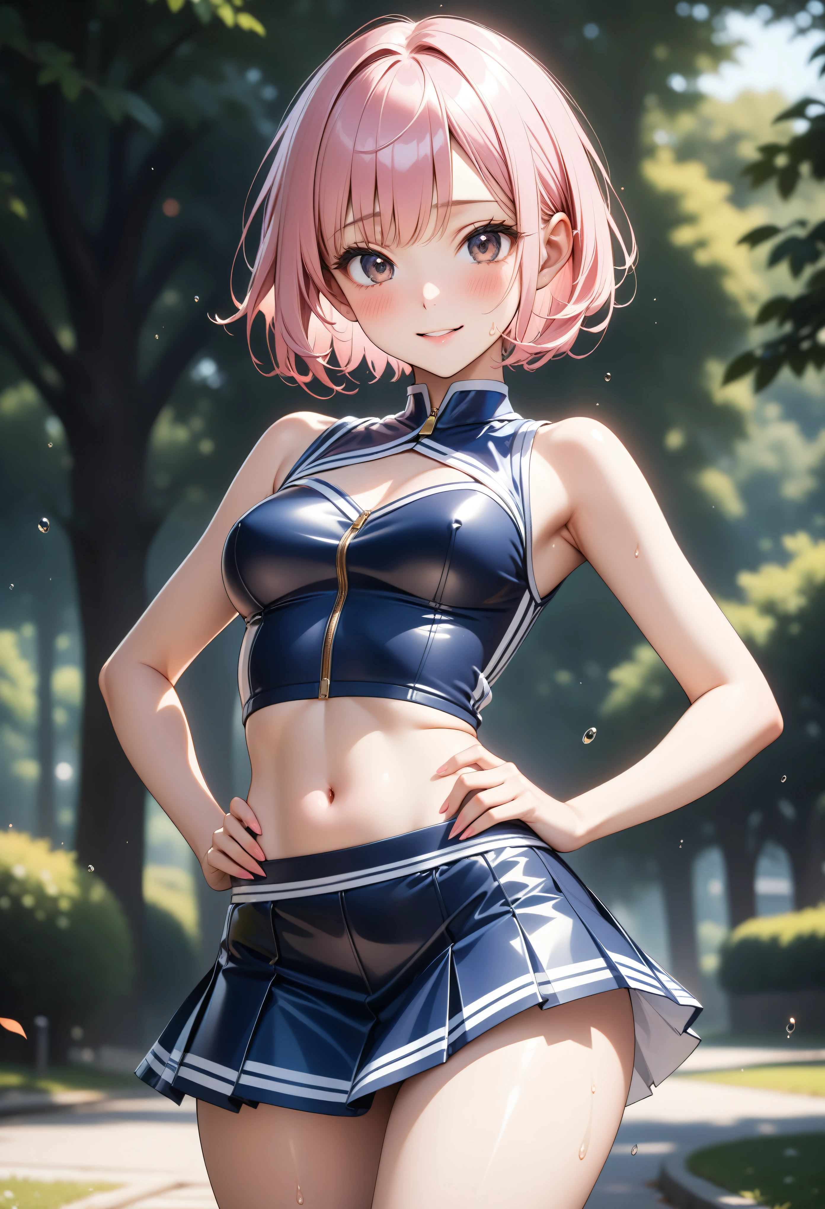 a femboy sissy with blonde hair, beautiful detailed blue eyes, wearing a tight pink crop top, a pink miniskirt, stockings, in a park, (small flaccid penis), intricate details, hyper realistic, 8k, photorealistic, masterpiece, vibrant colors, cinematic lighting, soft focus, ethereal