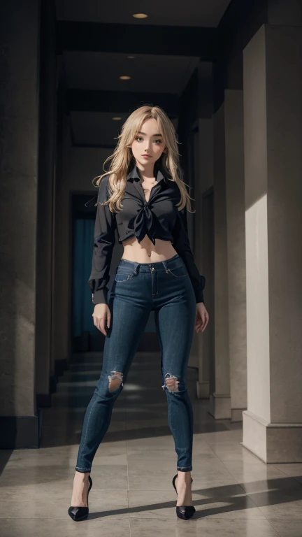 Acurate, 1 Sabrina Carpenter 、Blonde hair、blue eyes、Semi-long、setting hair、Slender but well-proportioned muscular body、a smile、wearing a tie-front shirt、Abs are cracked、The navel is visible、Wearing black high heels、wearing very tight blue skinny jeans.、Breasts are big、Full Body from Head to Toe、Standing in a full height from head to the tip of the toe. The picture must capture from head to toe. FULL BODY!!!!
