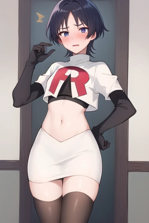 fubuki, fubuki, black hair, (green eyes:1.5), short hair,
BREAK jewelry, team rocket,team rocket uniform,white skirt,red letter R,crop top,black thigh-highs,black elbow gloves,
BREAK looking at viewer,
BREAK (masterpiece:1.2), best quality, high resolution, unity 8k wallpaper, (illustration:0.8), (beautiful detailed eyes:1.6), extremely detailed face, perfect lighting, extremely detailed CG, (perfect hands, perfect anatomy),