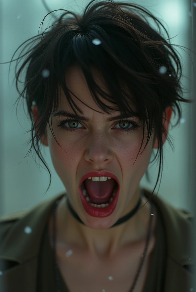 Aranuch in a desperate and frantic attempt to disconnect from the BioNet. The scene is filled with intense, flashing lights and erratic data streams. Aranuch’s expression is one of panic and desperation as she struggles to pull away from the system. The background is a chaotic mix of digital distortions and dark shadows."
