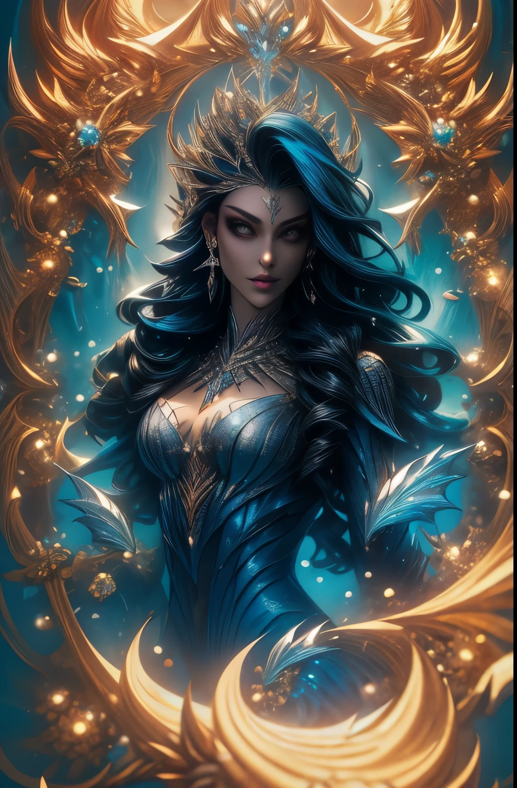 In a medium distance scenario, uma mulher branca de seios fartos, cabelos negros, voluptuosa, sitting on an ethereal throne, acompanhada por um pinguim imperador do seu lado esquerdo, um corvo dourado voando ao fundo, um slime azul em seu colo, an oriental dragon in the background, uma pantera preta a sua direita, starry skies in the background