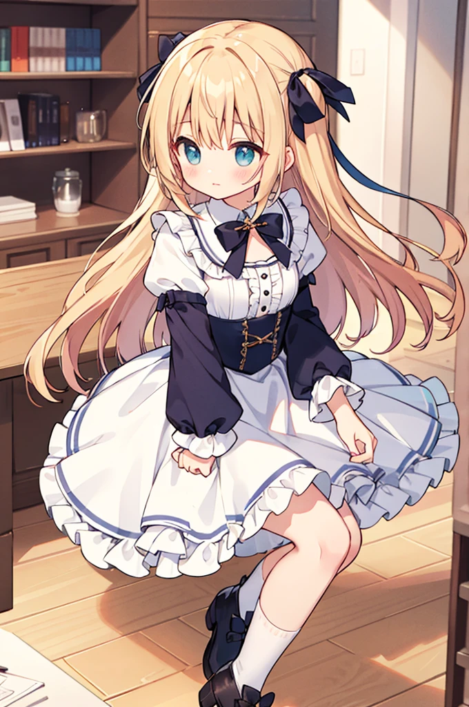 ((masterpiece))((Highest quality))girl、smile、blush、Flat Chest、Are thin、Blonde Hair、blush、Are standing、Whole body image、Eye level to the feet、front、No background、真frontのアングル、Alice&#39;s outfit full of frills、Twin tails、、Fisheye Lens