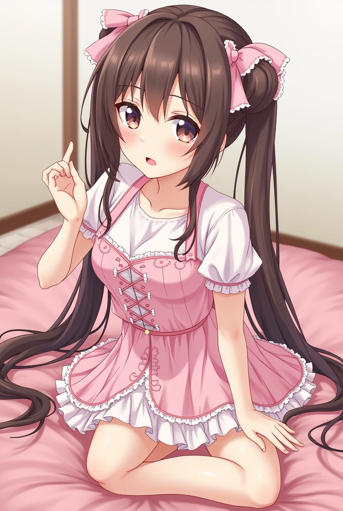 1girl, , shy, blushing, long hair, cute pink mini dress, upskirt, vagina spread cameltoe, (cum inside white panties side tie), white background