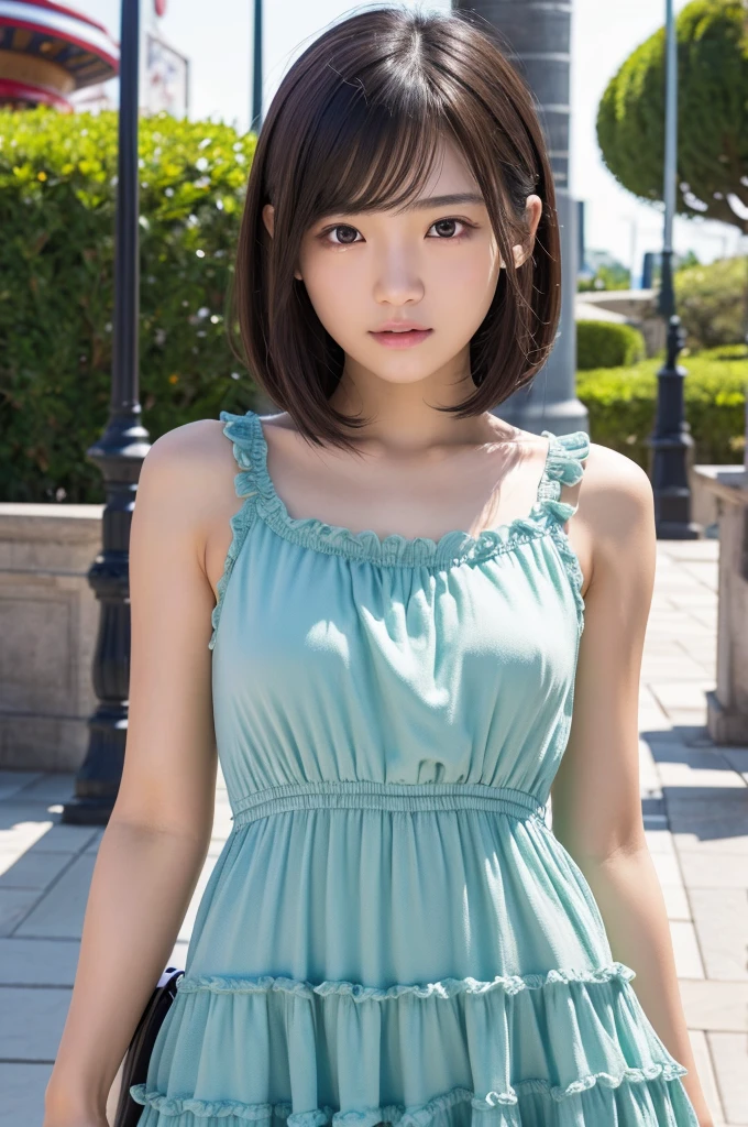 female high school student、japanese girl、tankdress、open legs and show panties、hunting cap、have a tree branch with hands、short hair、high detail、High level image quality、look at viewer、sit on the beach、open legs wide、