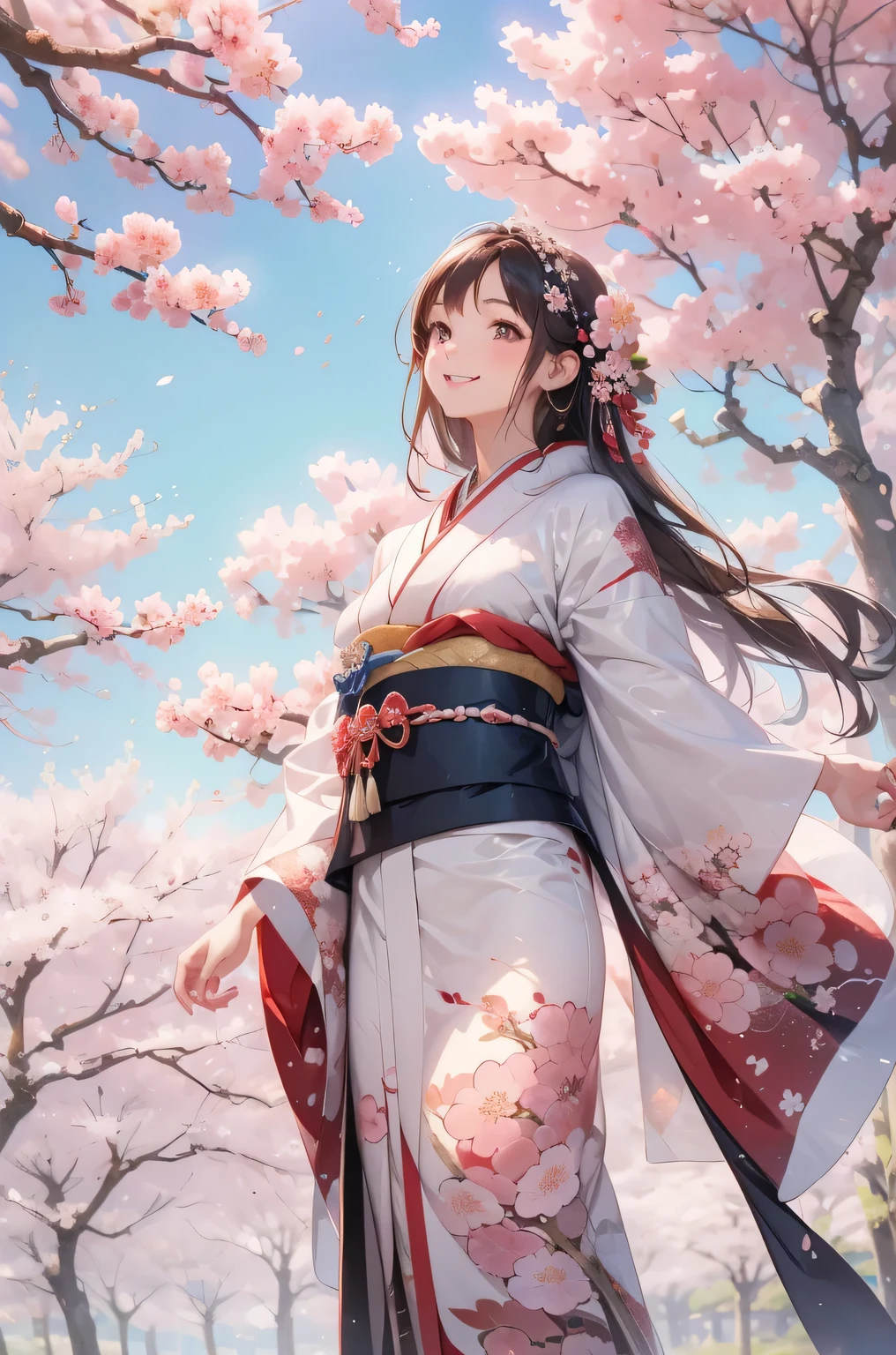 masterpiece, Best Quality, Very detailed, 1girl, face: sweet girl, medium breasts, color long-sleeved kimono, color furisode kimono, fur long stole. spread arms. smile. Cherry blossom background. Looking up at the cherry blossoms.