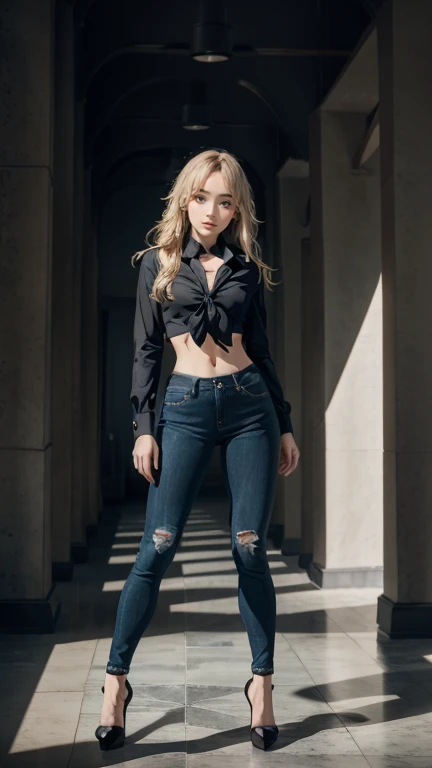 Acurate, 1 Sabrina Carpenter 、Blonde hair、blue eyes、Semi-long、setting hair、Slender but well-proportioned muscular body、a smile、wearing a tie-front shirt、Abs are cracked、The navel is visible、Wearing black high heels、wearing very tight blue skinny jeans.、Breasts are big、Full Body from Head to Toe、Standing in a full height from head to the tip of the toe. The picture must capture from head to toe. FULL BODY!!!!
