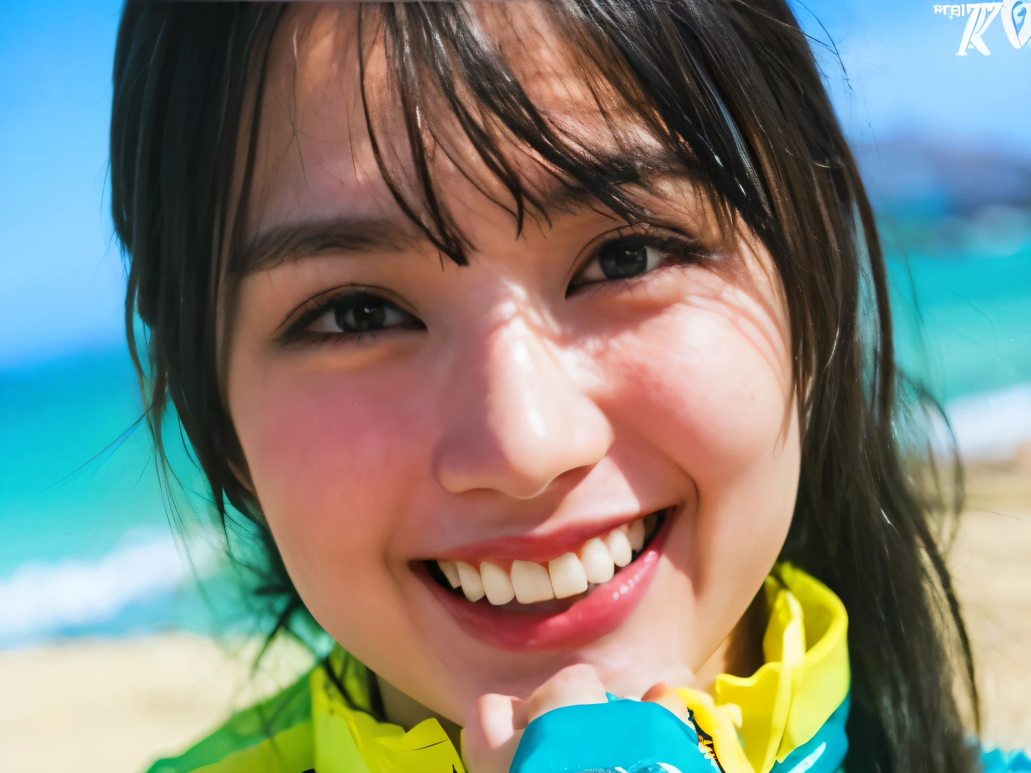 A woman is in the water on a surfboard, Accidentally taking a selfie, Beautiful woman taking a selfie of the beautiful beach, To the camera view,real photo 8k,Have idol-like charm,Create vibrant and dynamic poses for female voice actor images,She is full of confidence,Has the expressive power to captivate the audience,Her outfit is elegant and sophisticated,It incorporates pop elements like idols,Her pose is powerful,Lively,Creating visual excitement,The background is bright and beautiful beach,The design is intended to accentuate her charms,Her face is bright、The smile and pose are natural and flowing.Images are expected to be visually appealing and memorable,wet body,squat pose