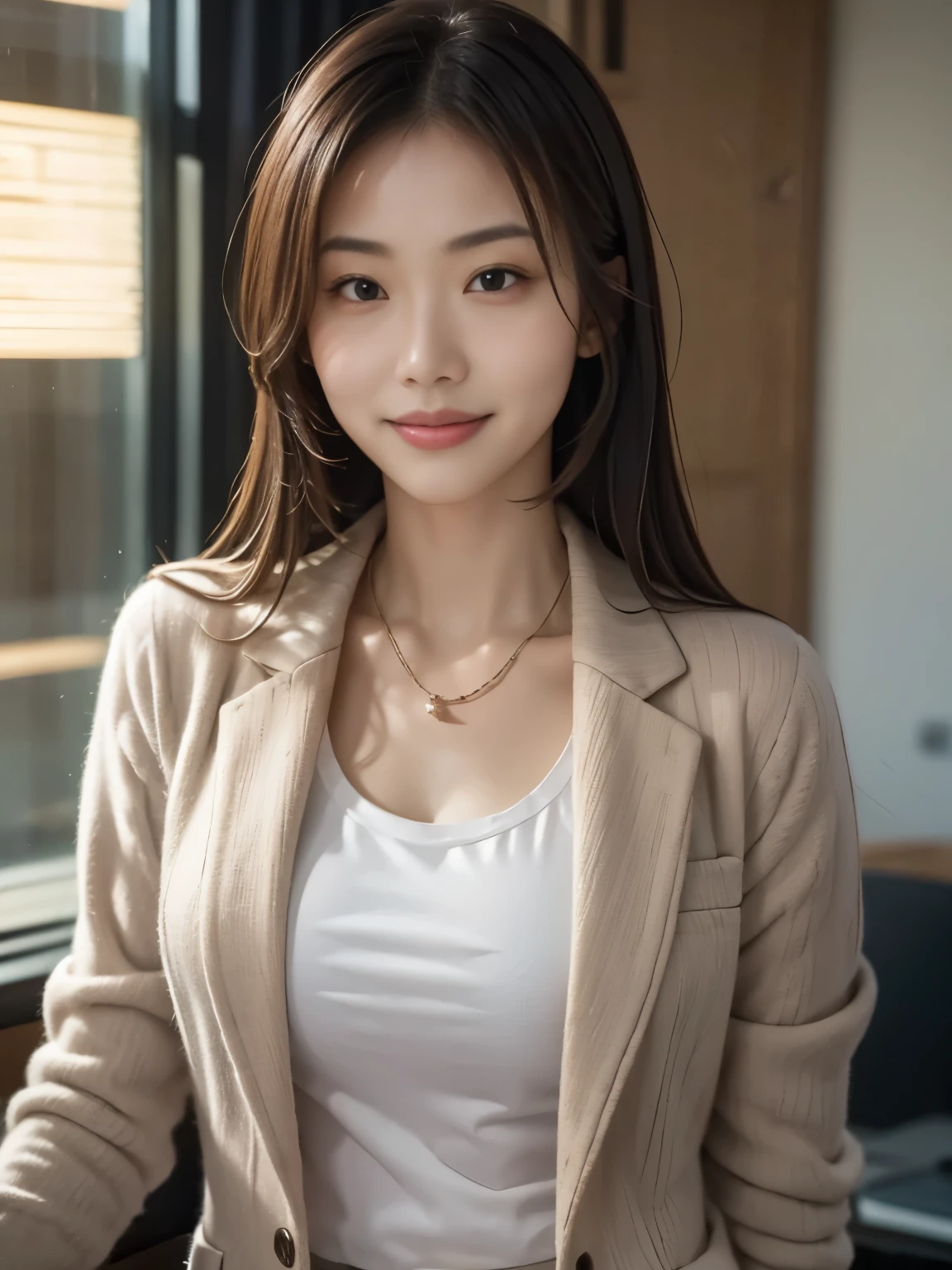 misakiai, tiny breasts, (Masterpiece: 1.3), (8k, Photorealistic, RAW Photo, Best Quality: 1.4), young woman in a modern real estate office, assisting in rental property consultation, wearing a casual but stylish outfit: tailored blazer and sleek trousers, focused and helpful expression as she interacts with clients, bright and organized workspace with property listings and documents spread across the desk, soft natural light streaming through large windows, creating a professional and welcoming vibe, cheerful and supportive atmosphere, the sense of accomplishment and satisfaction as she helps clients find their ideal home, modern and inviting interior with contemporary furniture, ultra-realistic textures, high-resolution, cinematic lighting, perfect balance of light and shadow, capturing the energy and positivity of a productive and collaborative environment, clean and well-organized office setup, vibrant and welcoming work setting