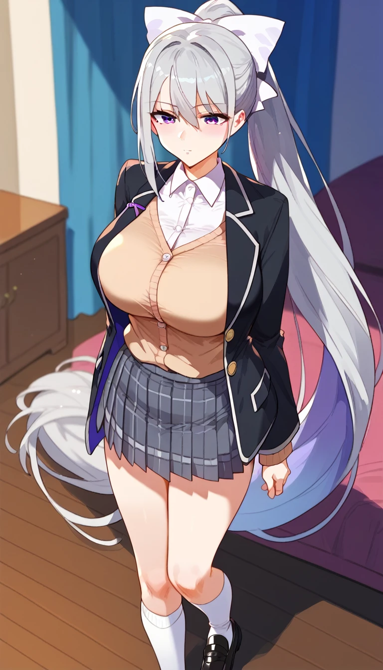 score_9, score_8_up, score_7_up, hk1, purple eyes, grey hair, hair between eyes, long hair, very long hair, ponytail, mole, mole under eye, bow, white bow、huge Breasts、
shirt, white shirt, necktiepurple necktieCardigan, brown Cardigan, jacket, black jacket, blazer, skirt, grey skirt, plaid skirt, socks, white socks, loafers, black footwear, ジャケットを脱ぐ、横から