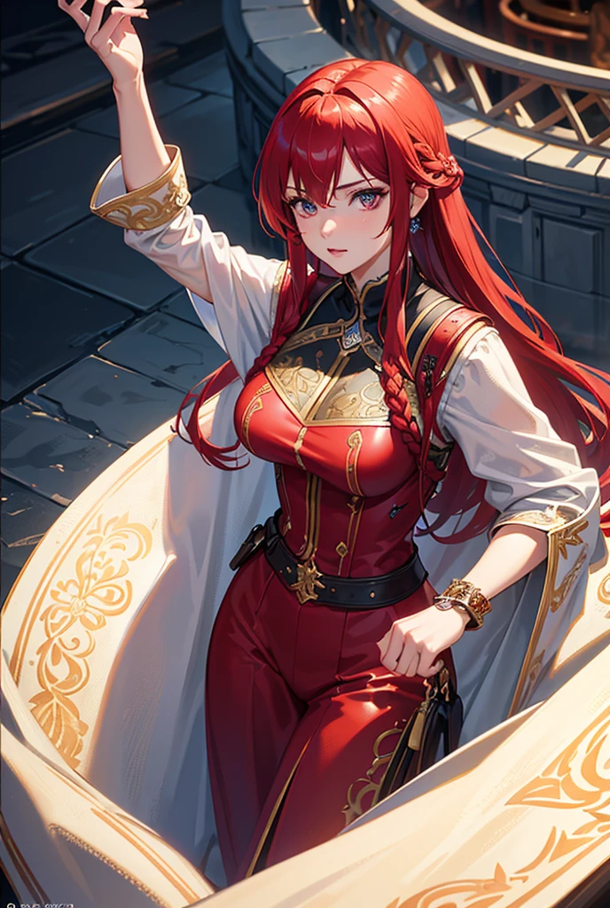 Create a picture of a 21-year-old anime woman with long, flowing red hair. She is wearing clothing inspired by imperial style, with elegant and luxurious elements. The outfit can be an elegant dress with gold embroidery details or a flowing robe with royal accents. Her face exudes a determined and confident demeanor, with sharp and serious eyes. Capture a strong aura that highlights her leadership through this picture. Show that she is a powerful figure, radiating unmatched grace.