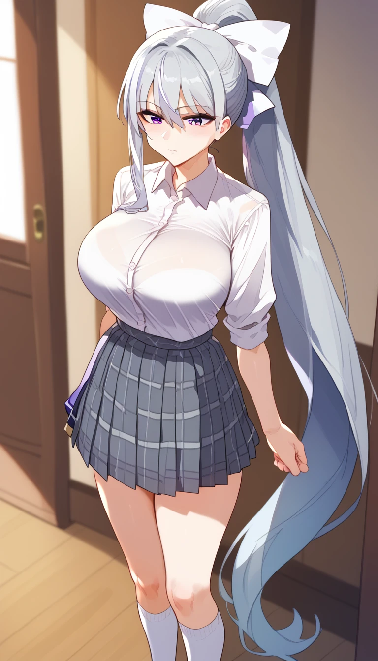 score_9, score_8_up, score_7_up, hk1, purple eyes, grey hair, hair between eyes, long hair, very long hair, ponytail, mole, mole under eye, bow, white bow、huge Breasts、
shirt, white shirt, necktiepurple necktieCardigan, skirt, grey skirt, plaid skirt, socks, white socks, loafers, black footwear, ジャケットを脱ぐ、横から