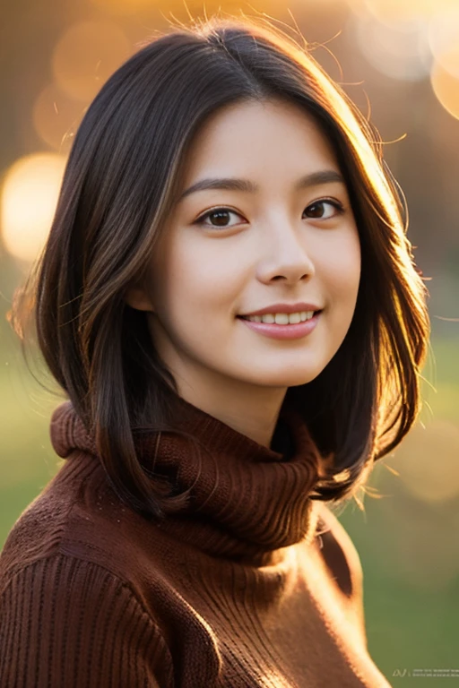 One girl,(Wearing a turtleneck sweater:1.2),(RAW Photos, Best Quality), (Realistic, photo-Realistic:1.4), masterpiece, Very delicate and beautiful, Very detailed, 2k wallpaper, wonderful, Finely detailed, Super detailed, High resolution, Soft Light, Beautiful detailed girl, ,Smile, Autumn scenery,Park,sunset,Magnificent autumn sky , Very detailed eyes and face, Beautifully detailed nose, Beautiful attention to detail,Cinematic Lighting,Perfect Anatomy 