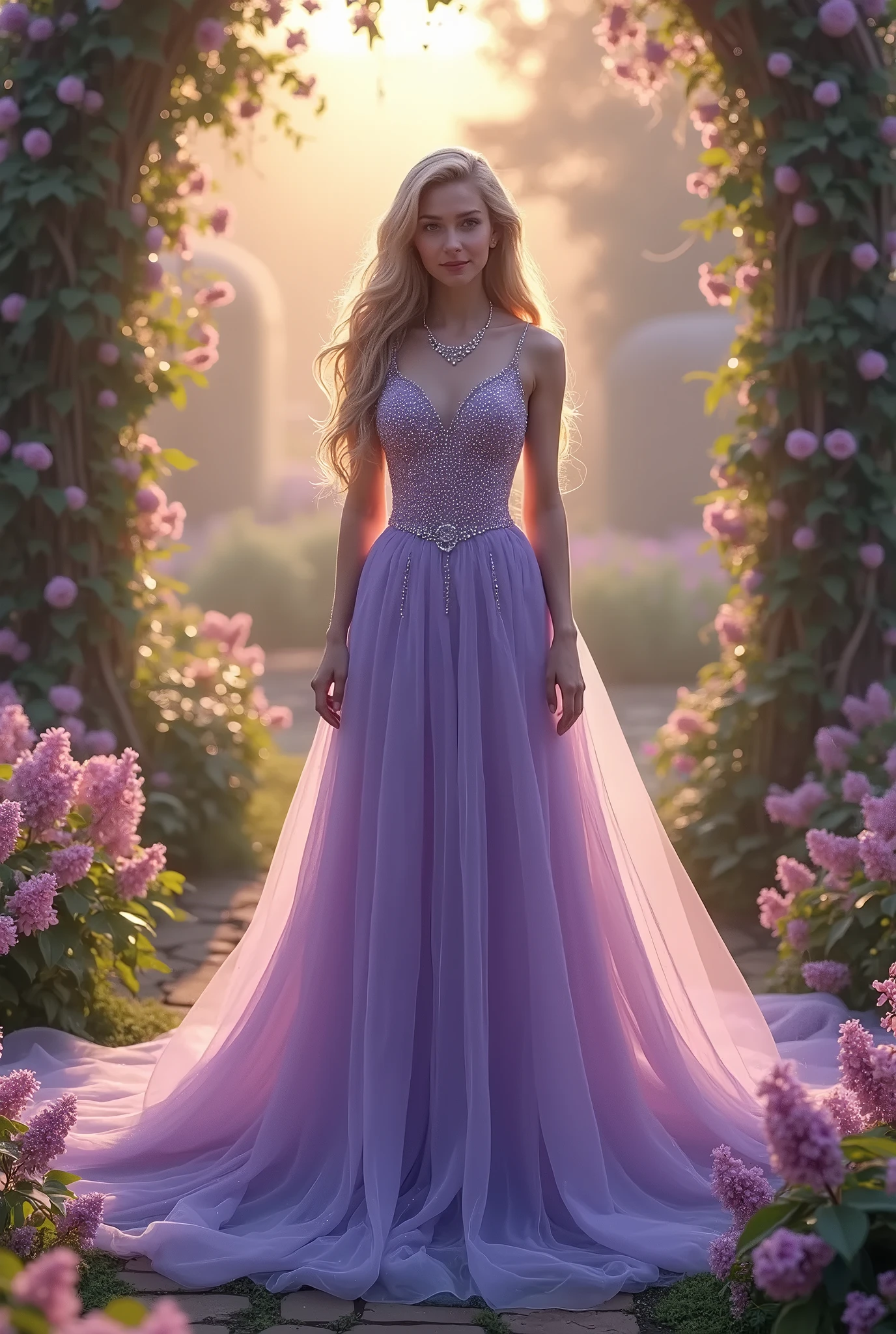 A woman in a purple dress standing in a garden with flowers - SeaArt AI