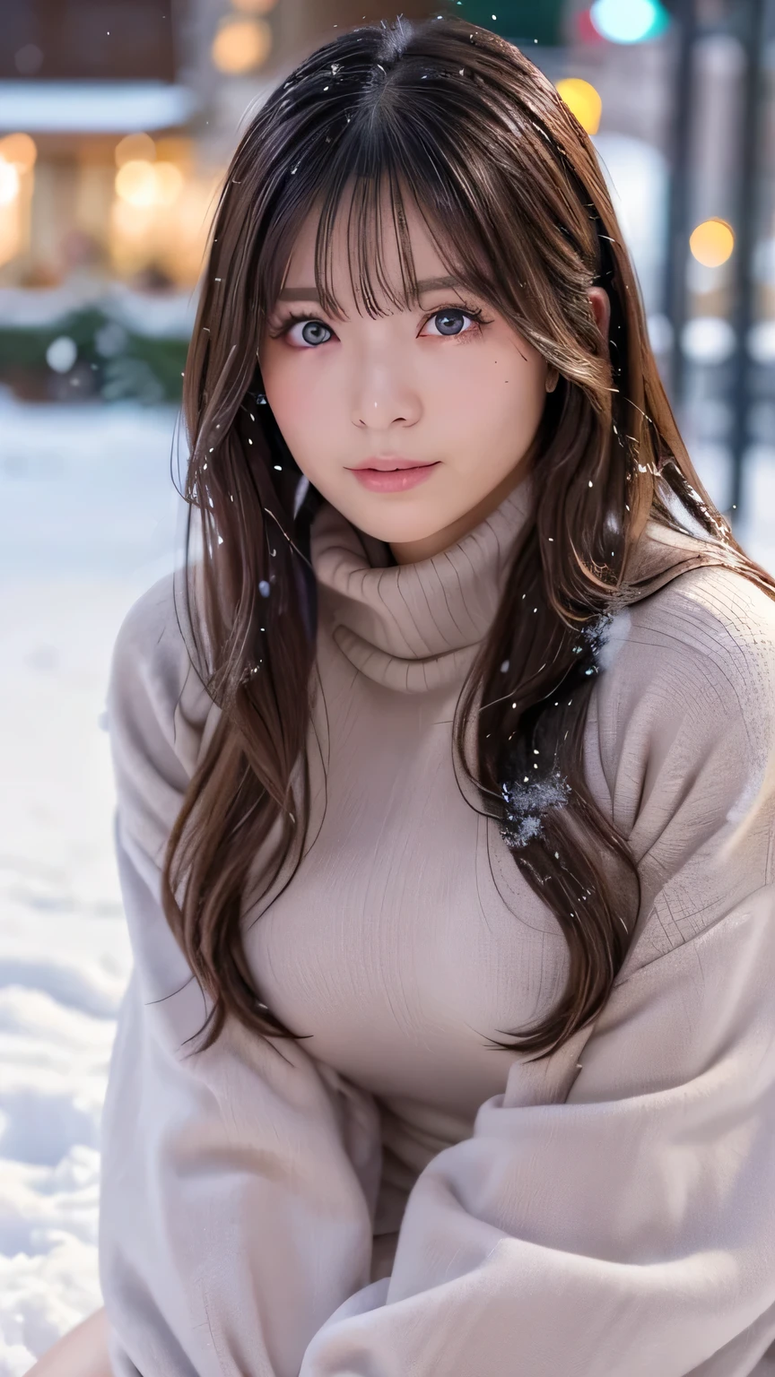 muste piece, best quality, illustration, Super detailed, fine details, High resolution, 8K,wall paper, perfect dynamic composition,(Details High quality, realistic depiction of eyes:1.3), (Wear a thick, large fur coat and a turtleneck knit elegantly:1.3), epic movie lighting, (Romantic affection:1.1), (The most romantic and moody atmosphere:1.1), winter, snow scene, snowing, (Walking in the snow in Norway:1.1), (Emphasize body line:1.1), very long hair, black hair color, Big Natural Color Lip, bold sexy pose, (perfect body shape), huge breasts, crying a little、cold gaze, Harajuku style、2 girl、cute type, beautiful legs, hposing Gravure Idol, Voluptuous thighs, blurred background、accurate anatomy、Ultra HD Hair, Ultra high definition beauty face、Ultra HD Hair、Ultra-high definition sparkling eyes、(close up of face:1.1)