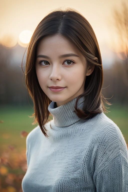 One girl,(Wearing a turtleneck sweater:1.2),(RAW Photos, Best Quality), (Realistic, photo-Realistic:1.4), masterpiece, Very delicate and beautiful, Very detailed, 2k wallpaper, wonderful, Finely detailed, Super detailed, High resolution, Soft Light, Beautiful detailed girl, ,Smile, Autumn scenery,Park,sunset,Magnificent autumn sky , Very detailed eyes and face, Beautifully detailed nose, Beautiful attention to detail,Cinematic Lighting,Perfect Anatomy 