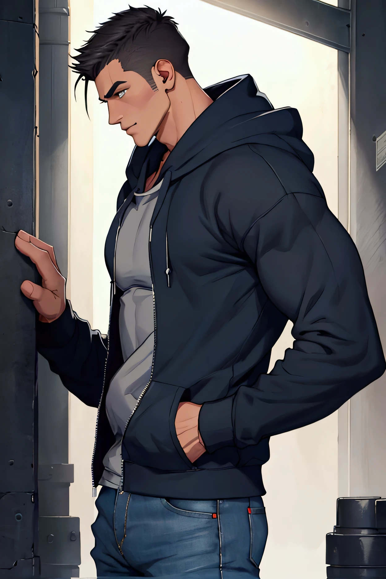 a muscular 8-foot-tall. Solo. the man's physique is powerfully built and thick, with well defined muscles beneath his clothing. wearing a pair of jeans and a dark blue tee shirt and a baggy zip-up {grey} hoodie. clean cut clean shaven, head tilted down, Every aspect of the scene is rendered in hyper-detailed, vivid fashion - the man's chiseled physique, and the dramatic lighting and cinematic composition. side view