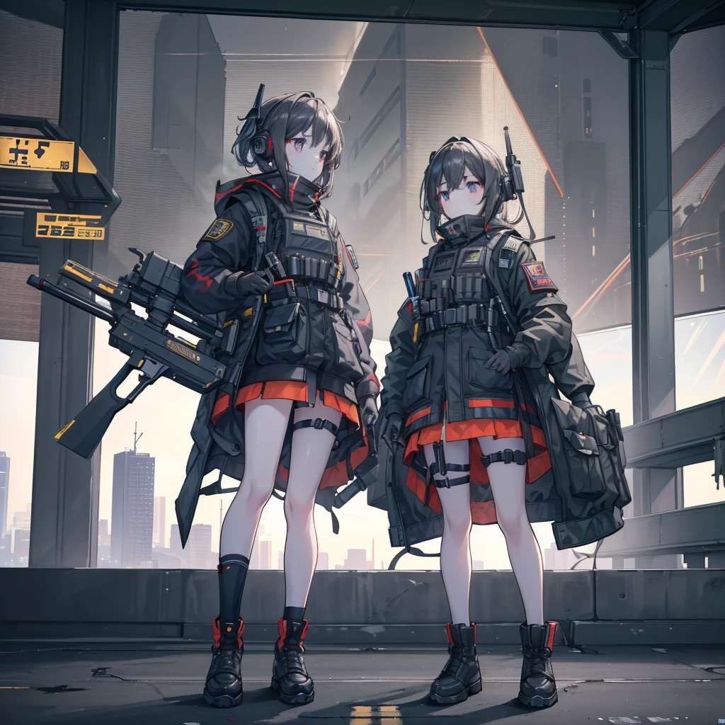 ((high quality)), ((masterpiece)), 8k, 2girls, bulletproof vest, light, extremely detailed CG unity 8k wallpaper, game cg, looking viewer, gloves, boots, full body, watch, computer, , headphones, jacket, bag, backpack, brunette