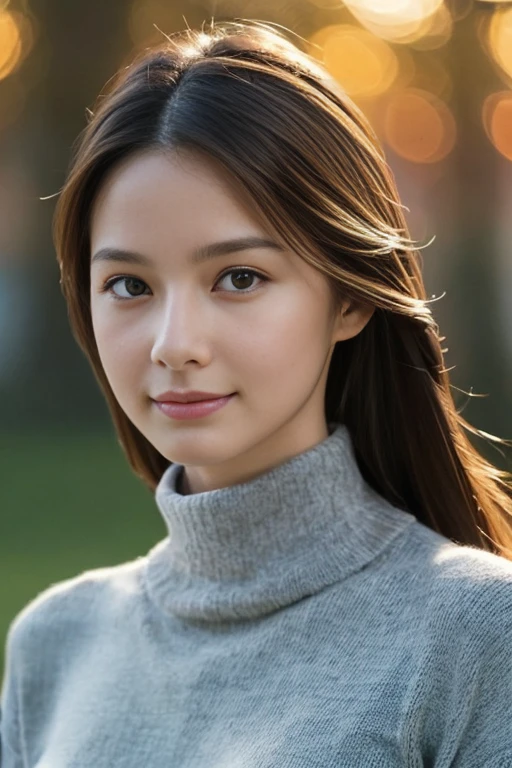 One girl,(Wearing a turtleneck sweater:1.2),(RAW Photos, Best Quality), (Realistic, photo-Realistic:1.4), masterpiece, Very delicate and beautiful, Very detailed, 2k wallpaper, wonderful, Finely detailed, Super detailed, High resolution, Soft Light, Beautiful detailed girl, ,Smile, Large Breasts, Autumn scenery,Park,sunset,Magnificent autumn sky , Very detailed eyes and face, Beautifully detailed nose, Beautiful attention to detail,Cinematic Lighting,Perfect Anatomy 