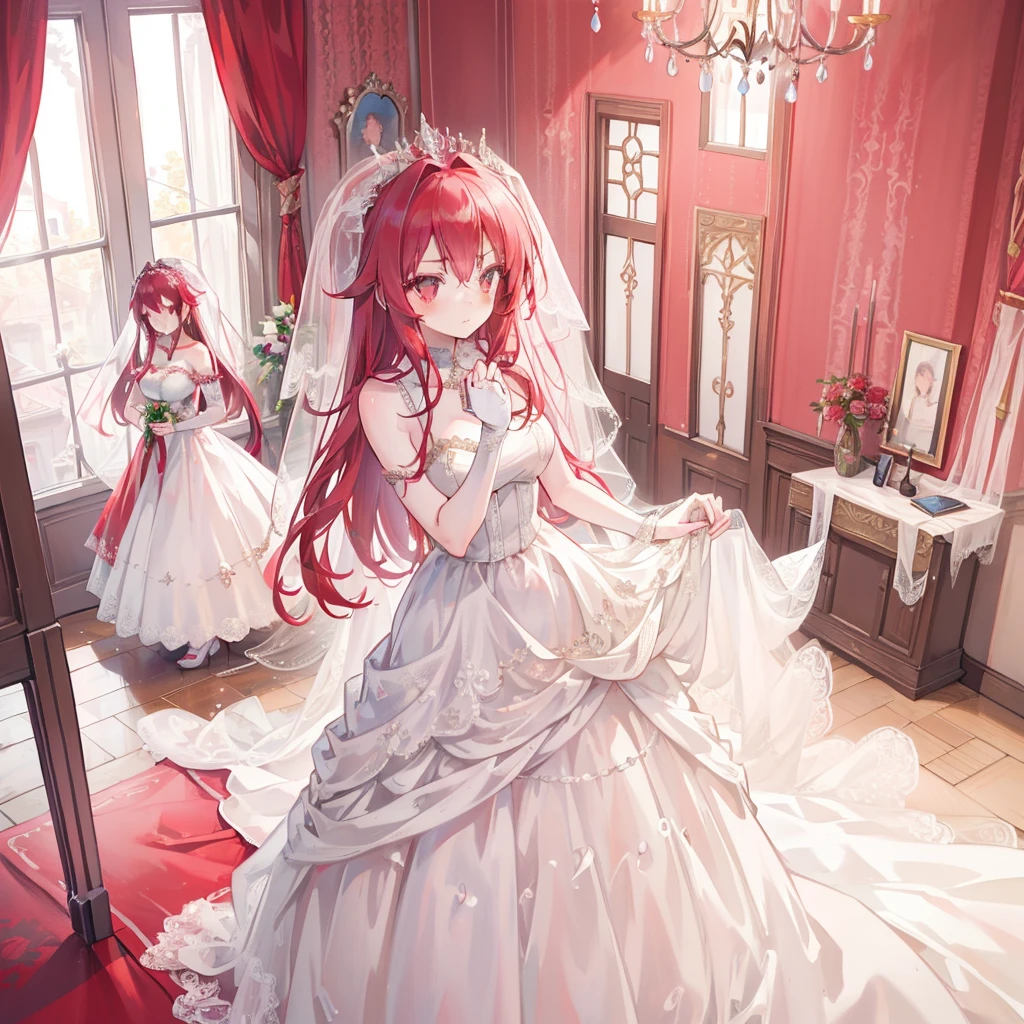1 Girl, masterpiece, high resolution, Sonic edges_Lias_Grey Mory,Long red hair, ((Wedding dress, Room, bridal lingerie, Wedding theme))