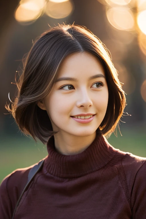 One girl,(Wearing a turtleneck sweater:1.2),(RAW Photos, Best Quality), (Realistic, photo-Realistic:1.4), masterpiece, Very delicate and beautiful, Very detailed, 2k wallpaper, wonderful, Finely detailed, Super detailed, High resolution, Soft Light, Beautiful detailed girl, ,Smile, Large Breasts, Autumn scenery,Park,sunset,Magnificent autumn sky , Very detailed eyes and face, Beautifully detailed nose, Beautiful attention to detail,Cinematic Lighting,Perfect Anatomy 