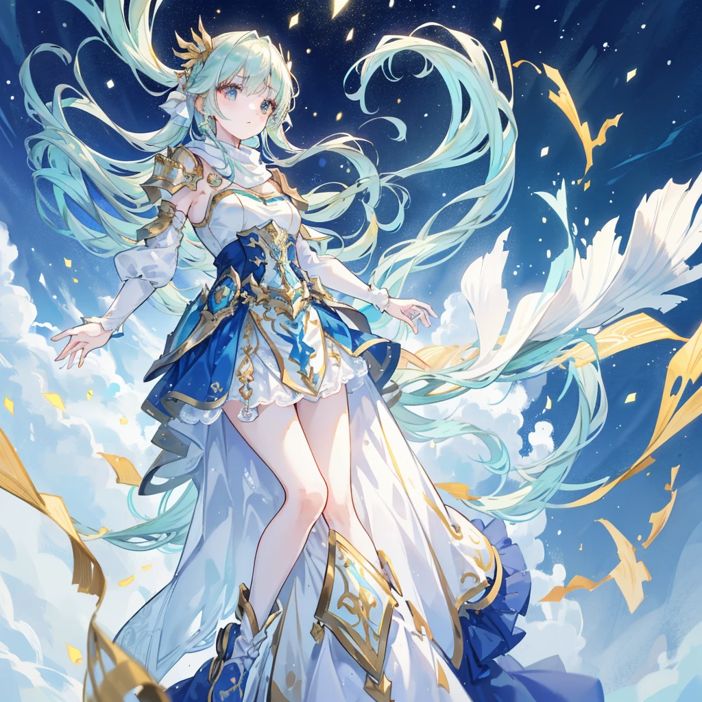 Long blonde hair, mermaid girl, anime, beach, coral gemstone crown, translucent blue harp, transparent powder blue jellyfish, blue fishtail skirt, blue eyes