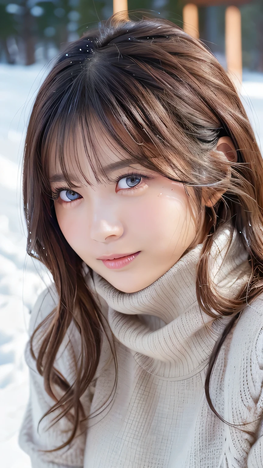muste piece, best quality, illustration, Super detailed, fine details, High resolution, 8K,wall paper, perfect dynamic composition,(Details High quality, realistic depiction of eyes:1.3), (Wear a thick, large fur coat and a turtleneck knit elegantly:1.3), epic movie lighting, (Romantic affection:1.1), (The most romantic and moody atmosphere:1.1), winter, snow scene, snowing, (Walking in the snow in Norway:1.1), (Emphasize body line:1.1), very long hair, black hair color, Big Natural Color Lip, bold sexy pose, (perfect body shape), huge breasts, crying a little、cold gaze, Harajuku style、cute type, beautiful legs, hposing Gravure Idol, Voluptuous thighs, blurred background、accurate anatomy、Ultra HD Hair, Ultra high definition beauty face、Ultra HD Hair、Ultra-high definition sparkling eyes、(close up of face:1.1)、みつ編みのハーフアップ、オフショルダー