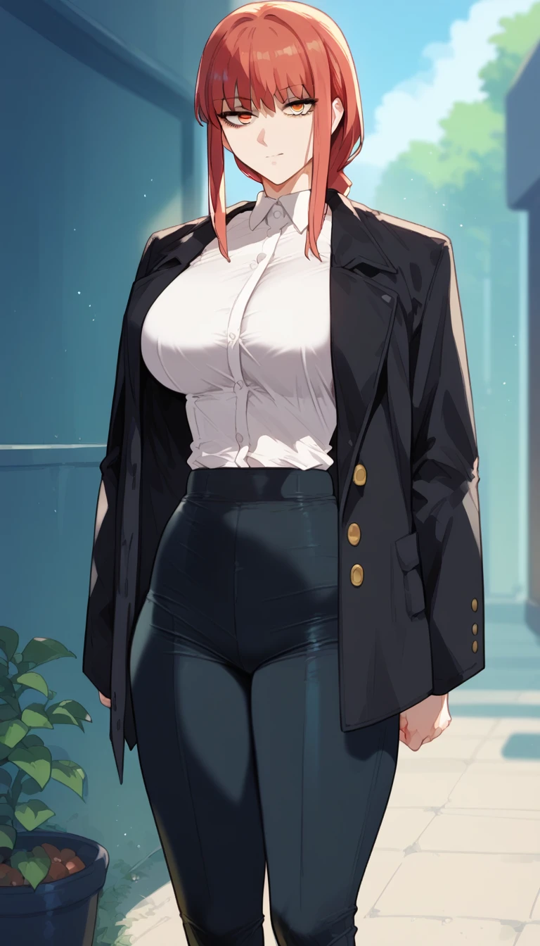 score_9, score_8_up, score_7_up,、huge Breasts、(Makima)、makima、
braided ponytail、
ringed eyes、
shirt, white shirt, black long pants(tight)、Black coat、Black tie、 loafers, black footwear, Take off your jacket、