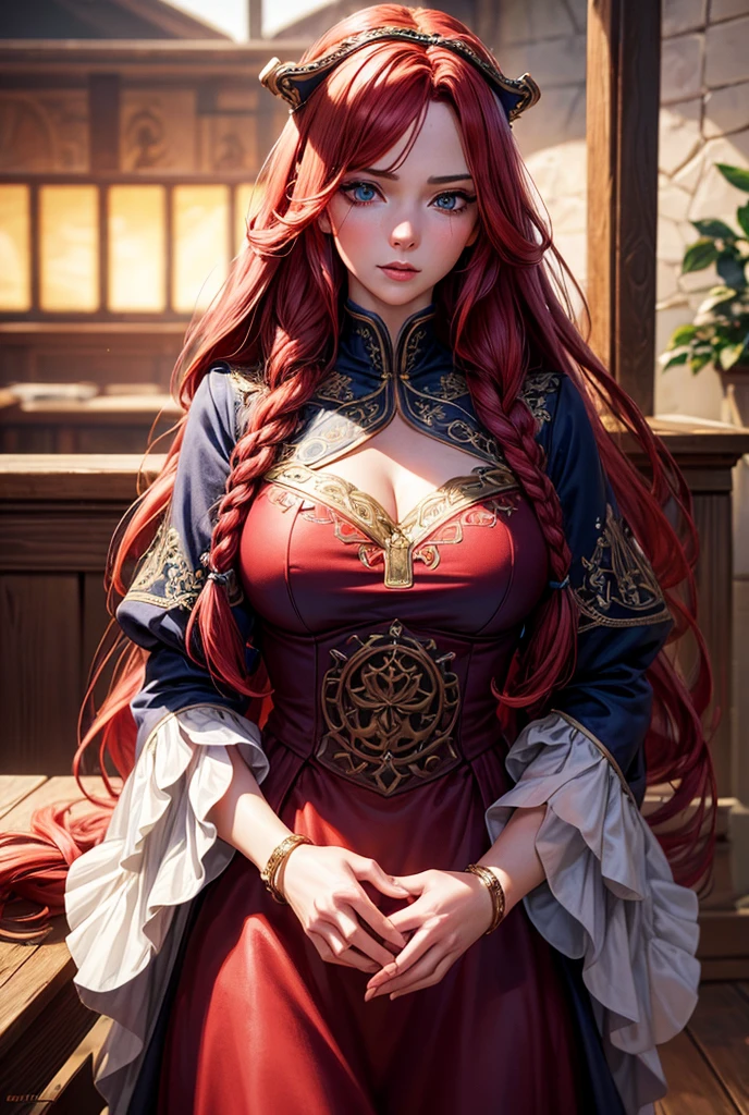 A girl with red hair and blue eyes, wearing noble clothes, with a gentle smile, in a Palace environment. (Eight years:1.8) [vibrant colors] [oil painting] [detailed background] [soft lighting] [high resolution] [elegant atmosphere] [beautifully detailed eyes] [beautifully detailed lips] [long eyelashes] hugging a young man with red hair, the young man has closed eyes and royal clothes, pale skin and enviable beauty