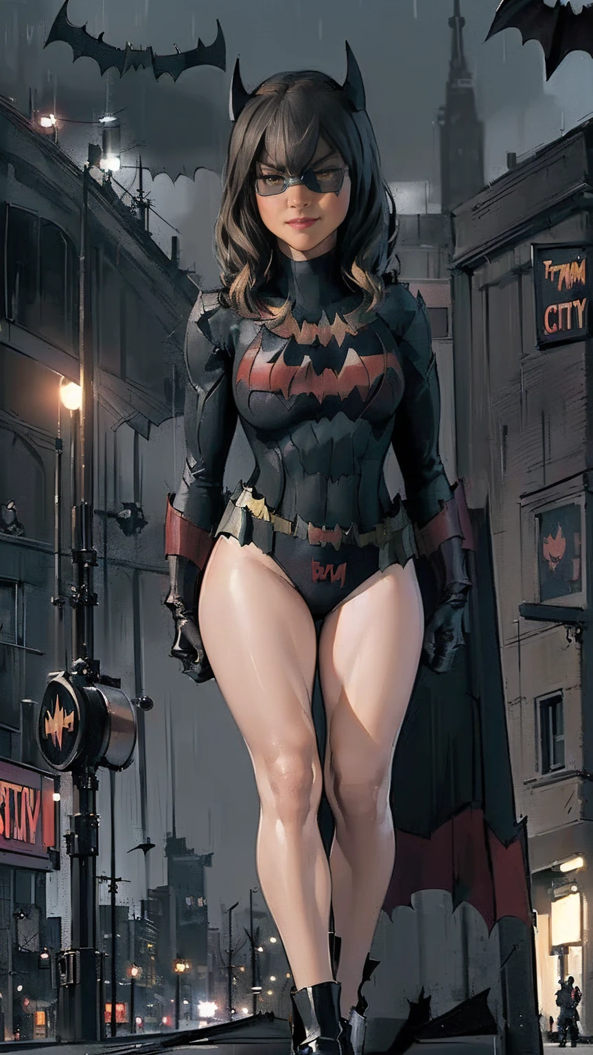 ((masterpiece, Highest quality, High resolution, Realistic, to be born, 16k wallpaper)),Standing in a bikini,Maika Monroe Batgirl, (Standing in Honor　shot）,Facing the camera in a menacing pose, Very hot and sexy, Great beauty, Perfect balance, Beautiful body, Slim body beauty: 1.4), ((BatWoman standing on Street corner background of crime city Gotham City after the rain: 1.5)), Gotham city background, nighttime in Gotham city, Gotham city, From the movie Batman, Gotham city double exposure, Gotham city style, Batman film still, metropolis filmic Gotham city, Cyberpunk Batman, Batman movie stills, Batman movie still cinematic, Gotham setting, Batman, Gotham,