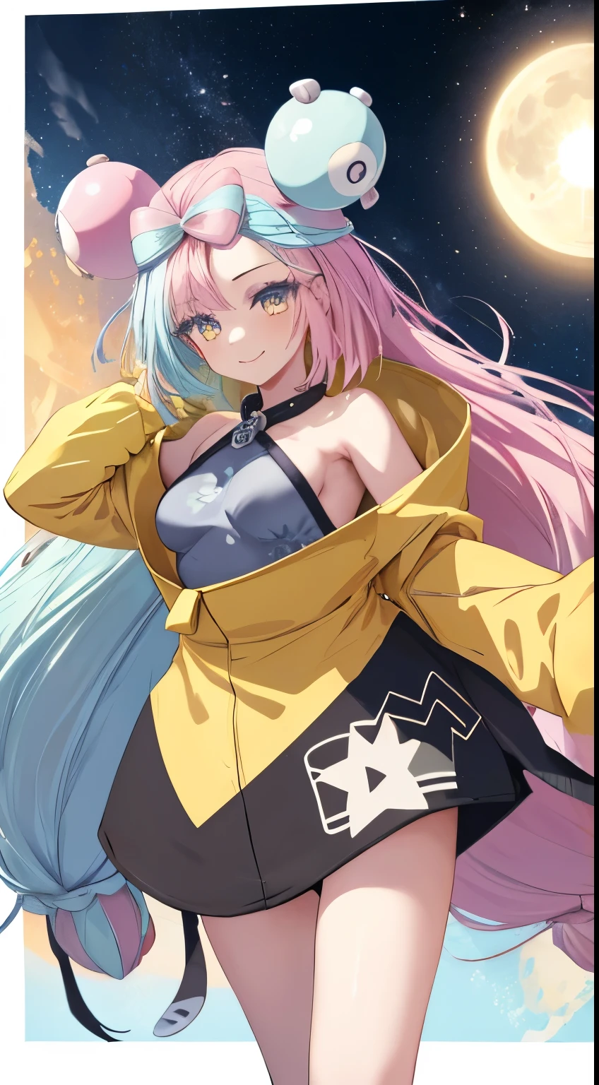 Masterpiece, Beautiful painting touches, Detailed Description, 迫力のあるNanjamo, Detailed face and eye depictions, smile, nsfw, Beautiful Eyes, Perfect Anatomy, Detailed background depiction, 1girl, Jonah, pokemon_Jonah, Nanjamo, Round hair ornament, Sideboob, Yellow jacket, Baggy jacket, Hair accessories explode, surprise, Long Hair, Small breasts, Tarot Cards, Angle from the front, Sun, Moon and Galaxy, Detailed full body, Beautiful fantasy background, Rainbow, 