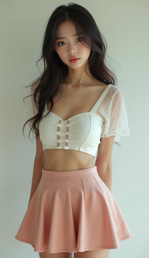 Extra Realistic body photo of Realistic Attractive Cute Girl (not from western), she is wearing mini circle skirt and crop top which is crop top shirt with see through long sleeve 