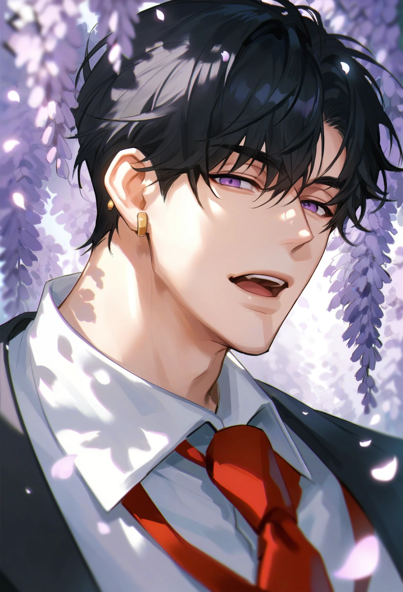 muksal,1boy,violet eyes,black hair,earring,open mouth,expressive eyes,looking at viewer,wisteria flowers,petals,solo,white shirt, red necktie,bangs,handsome, score_9,score_8_up,score_7_up,source_anime,