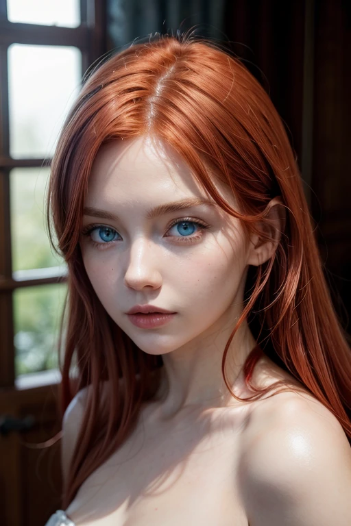 (Raw photo:1.2), (It's'photorealistic:1.4),(detailed details:1.2),(best quality:1.4), soft light, ultra-high resolution, 8K resolution.
Young Lily Cole, detailed eyes detailed facial features, thin transparent, clothes, white shirt, unbuttoned buttons, mini shorts, looks at the viewer, pale skin, (detailed skin), (slender body), (extreme detailed illustration), small breasts, bedroom, red hair, super long hair, very big eyes, teenage girl, cute type, indoors.