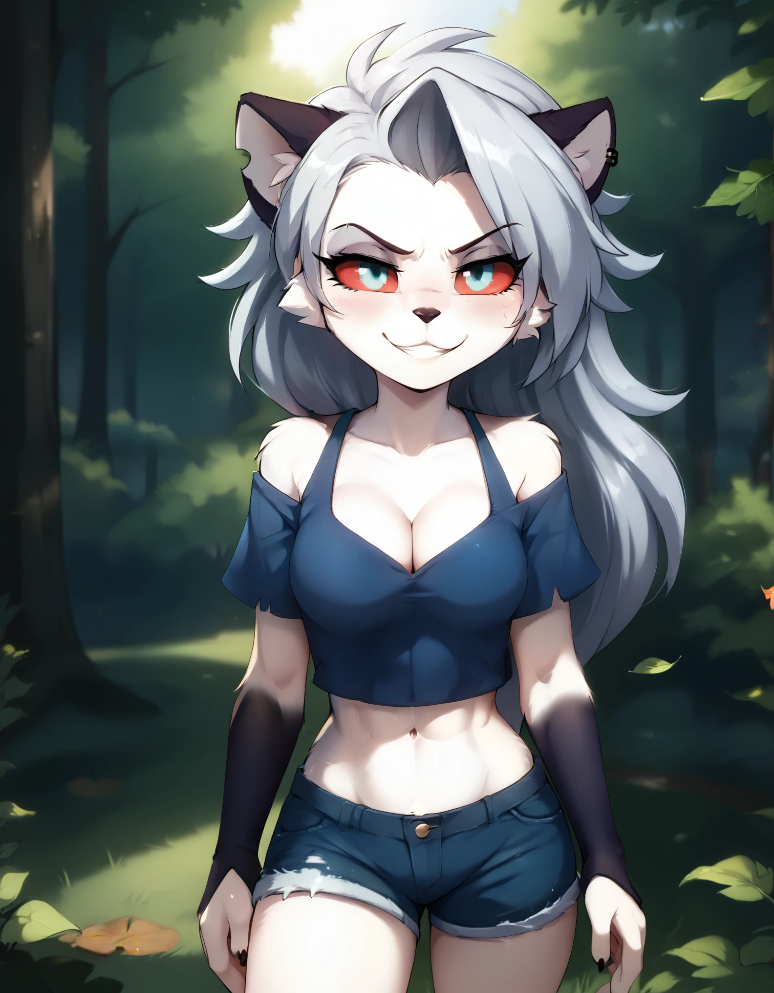 score_9, score_8_up, score_7_up, source_furry, twokinds, tkstyle, Tom Fischbach Artist, 1girl, solo, female, anthro, tomfischbachcolour, three-quarter portrait, forest, tree, leaf, grass, explorer, crop top, short shorts, midriff, cleavage,, happy, determined expression, loona \(helluva boss\),