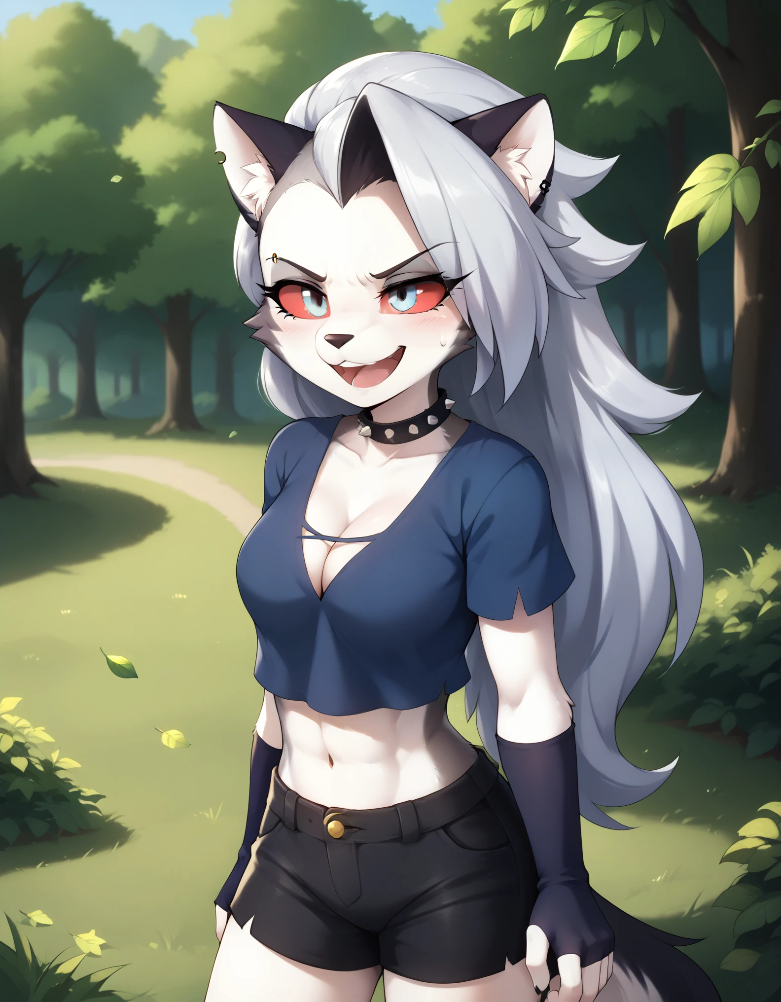 score_9, score_8_up, score_7_up, source_furry, twokinds, tkstyle, 1girl, solo, female, anthro, tomfischbachcolour, three-quarter portrait, forest, tree, leaf, grass, explorer, crop top, short shorts, midriff, cleavage,, happy, determined expression, loona \(helluva boss\),