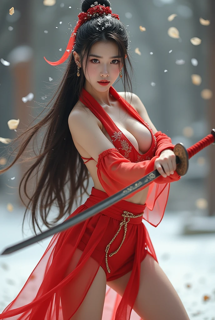an ultra realistic wide angle epic full body battle shot of Mulan, intricate details, wearing a highly ultra realistic intricate detailed stunning red Samurai costume, ultra detailed sword, smooth edges and curves, surrounded by warriors, war battleground, dark, gothic, Old Japanese architecture palace buildings, photorealistic, cinematic, centered, wet ground, symmetrical volumetric lighting, ambient occlusion, unreal engine, photographed by Akira Kurosawa, inspired by Ran movie, bokeh, particuls, (dynamic pose), (hyper realistic:1.4), (realistic:1.3), (best quality real texture skin), full body, (Cinematic Light), highly detailed skin, skin pores, (highly detailed face:1.1), (sexy, cleavage, nippin), (highly detailed eyes:1.1), realistic pupils, (perfect anatomy:1.1), (perfect proportions:1.1), (photography:1.1), (photorealistic:1.1), volumetric lighting, dynamic lighting, real shadows, (highres:1.1), sharp focus, daylight, (realistic, hyperrealistic:1.4), intricate, high detail, dramatic, subsurface scattering, big depth of field, vivid, polished, sharpened, ((full Sharp)), (extremely absurdres),8k hdr