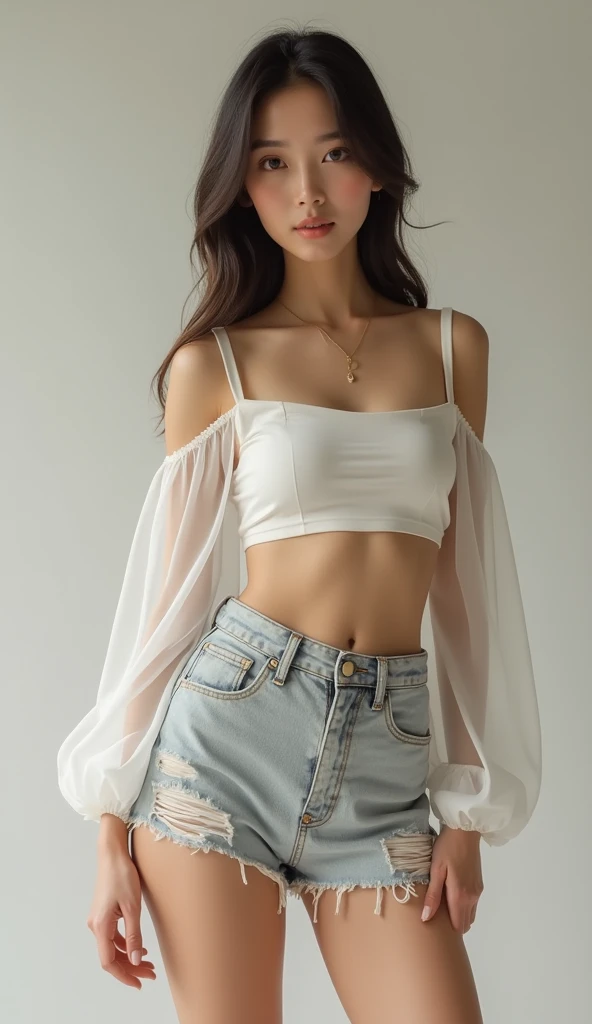 22 year old white female、hair color is blonde、eye color is blue、long hair、setting hair、Have a ponytail、accessories on wrist、I&#39;m wearing a choker、skin is smooth、smile、Slender but muscular body、My heart is pounding、high resolution、Skin is shiny、Wearing a lace off-shoulder top、I'm wearing pants、I&#39;m wearing pumps、In front of Horizont in the photo studio、Flowers are arranged in a vase on a narrow medieval table.
