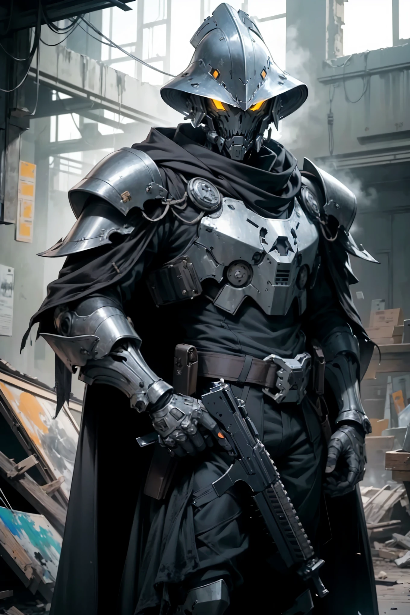 a painting of a menacing man, very wide shoulders, creepy, intimidating, wearing: futuristic modern military armor, great coat, cloak. wearing full metal helmet(featureless helmet)(eyeholes)(flexable metal jaw), holding a gun. in an abandoned building, time: high noon. flat shading, drawing outlines