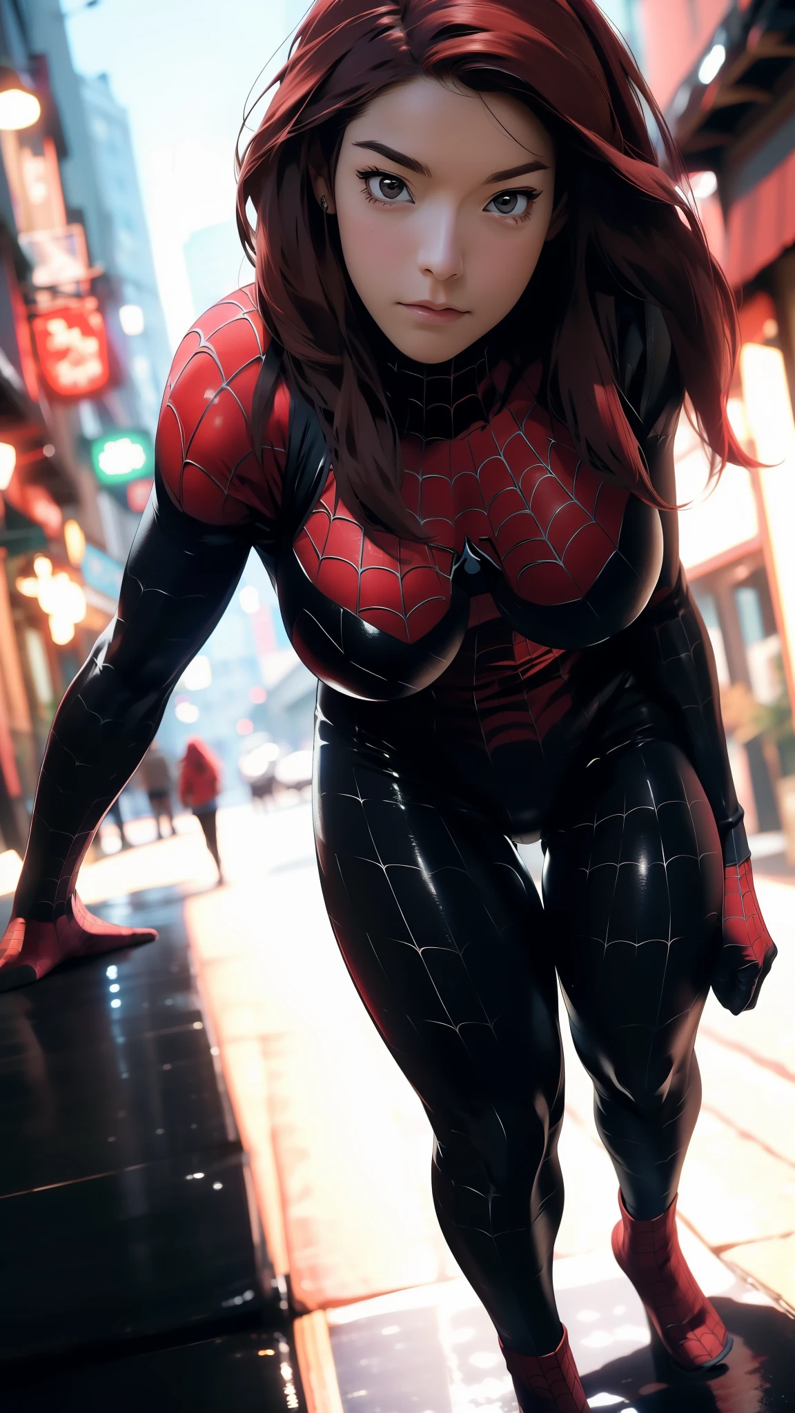 (8k, RAW photos, top quality, masterpiece: 1.2), (realistic, photorealistic: 1.37), (High Quality), (Ultra realistic), official art,extremely detailed CG unity 8k wallpaper, perfect lighting,Colorful, (High Details), (Face detail), (Shadow Detail), (big breast), (Mature Female), Looking at viewers, 1 girl, solo, brown eyes, Red hair, Long hair, Pink Lips, Extreamly Face Detailed, (Wide Hips), Black Spider-man costume, Kushina Uzumaki