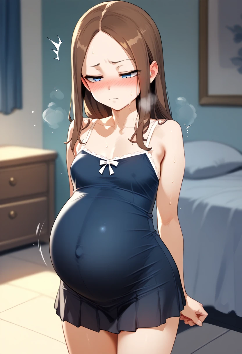 flat Breasts、blush、Sweat、In the heat、takagi-san,Pregnant women、Camisole long maxi dress、
{Highest quality}, {so beautiful}, {Very detailed}, {Best illustrations},Life、slim:1.5、Are standing、Troubled face、Half-closed eyes