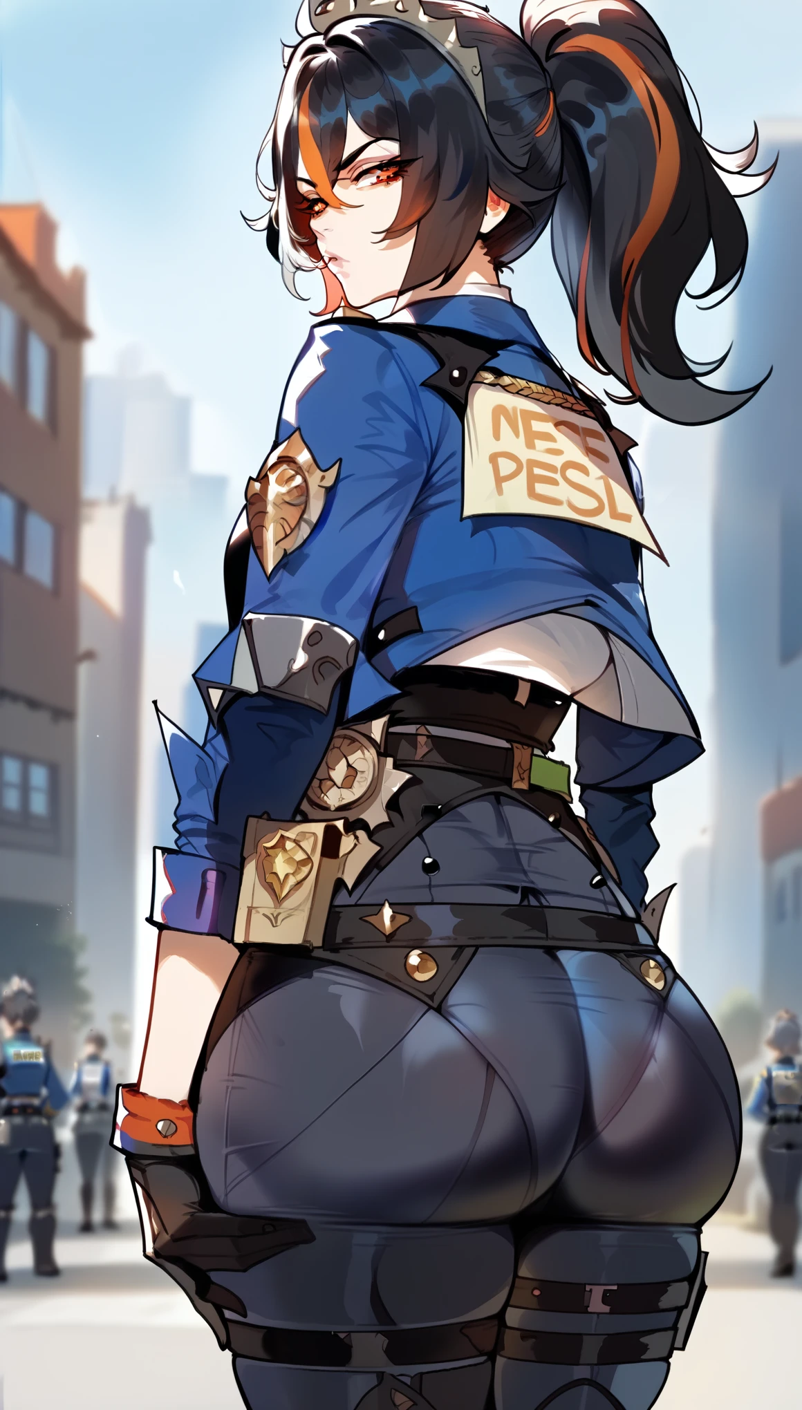 Floox style, 1girl, zhu yuan, orange eyes, black hair, long hair, streaked hair, ponytail, ass focus, metal hairband, police uniform, blue jacket, cropped jacket, long sleeves, black vest, two-tone vest, black gloves, green necktie, plaid necktie, black pants, high-waist pants, belt, thigh straps, knee pads, holster, tight pants, blue footwear, cowboy shot