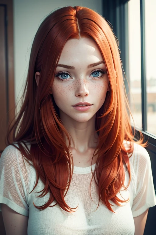 The most beautiful close, upper body portrait photo of a young, tall, beautiful happy ginger woman with long wavy ginger hair, beautiful blue eyes, cute freckles, in an elegant sweater