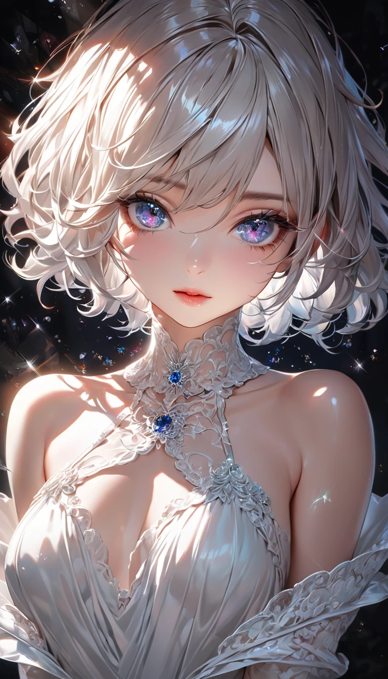 8K,gal，an extremely delicate and beautiful,Beautiful and realistic skin,Shiny jewel-like earrings,Shine like glitter long blue hair,beautiful eyes,glitter background,full body,panties