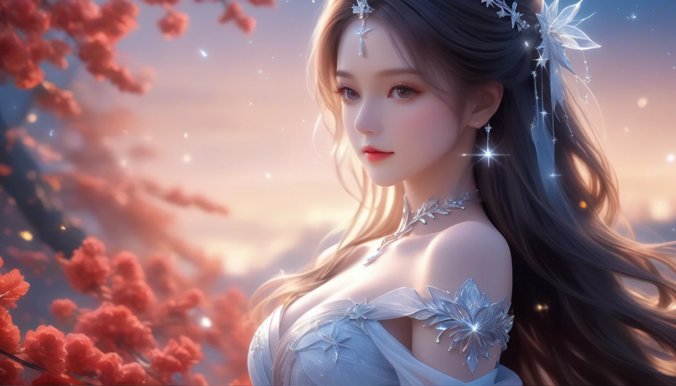 A Masterpiece In 32K Resolution, Supreme Quality, Super Detail, Official Art, Very High-Resolution 32K Wallpaper, Beautiful And Aesthetic, Ultra-Detailed Features, Awe Inspiring Detail, Dutch Angle, Semi-Realistic, Winter Scenery. (One Girl, Alone) (White And Beautiful Hair: 1.4, Straight Long Hair) (She Is Draped In Revealing, Sensual Fabric), (Off The Shoulder, Highlight Her Ample Breasts, Ruby Necklace) (Beautiful Cleavage) (Beautiful Starry Sky, Mystical Night, Particles Of Light Float Around The Woman). The Composition Of Her Mystical Beauty Is Breathtaking, With The Surrounding Water Adding Depth And Atmosphere, Enhanced By The Soft, Radiant Lighting That Highlights Every Detail. Her Perfectly Sculpted Face Reflects The Calm Waters, Capturing Her Timeless Elegance In This Ultra-Realistic, Awe-Inspiring Scene.