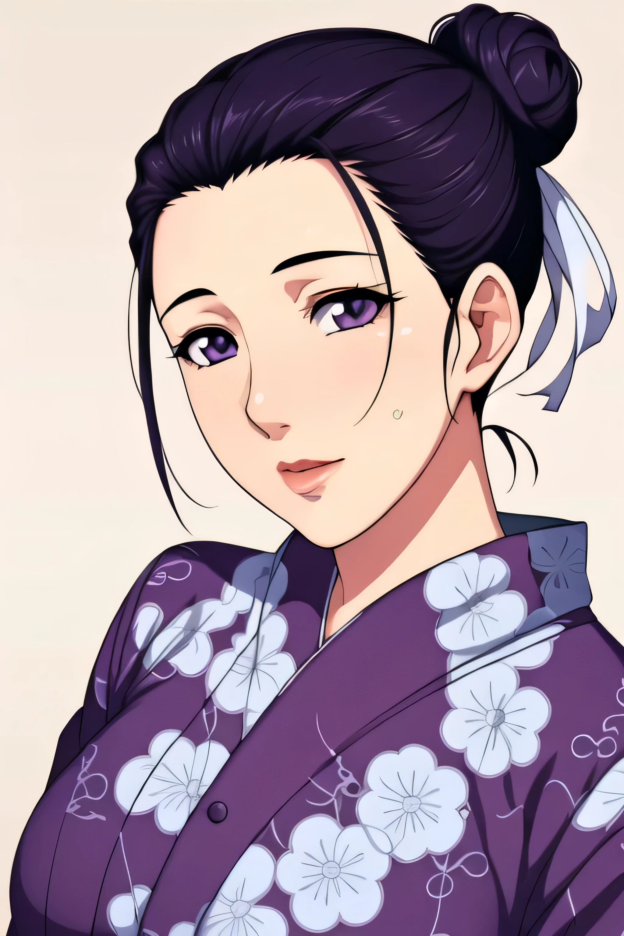 Simple Background,White Background,
purple kimono,floral print,japanese clothes,wide sleeves,long sleeves,
cleavage, 
purple eyes, black hair,bangs,hair bun,
1 girl,Young female,Beautiful long legs,Beautiful body,
Beautiful Nose,Beautiful character design, perfect eyes, perfect face,expressive eyes,perfect balance,
looking at viewer,(Focus on her face),closed mouth, (innocent_big_eyes:1.0),(Light_Smile:0.3),
official art,extremely detailed CG unity 8k wallpaper, perfect lighting,Colorful, Bright_Front_face_Lighting,White skin,
(masterpiece:1.0),(best_quality:1.0), ultra high res,4K,ultra-detailed,
photography, 8K, HDR, highres, absurdres:1.2, Kodak portra 400, film grain, blurry background, bokeh:1.2, lens flare, (vibrant_color:1.2),professional photograph,
(Beautiful,large_Breasts:1.4), (beautiful_face:1.5),(narrow_waist), single bun hairstyle 